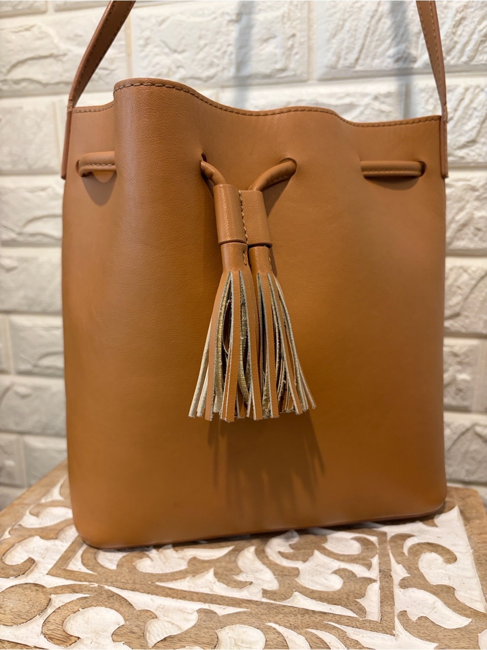 JCrew Classic Tan Bucket Tote with Tassel